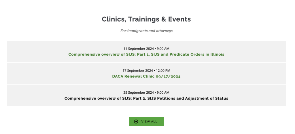 List of clinics, trainings, and events.